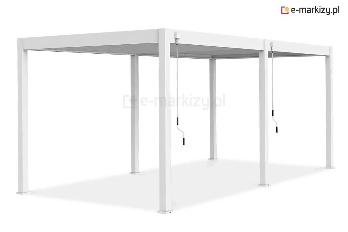Nowoczesna, podwójna pergola tarasowa Marlo w białym kolorze, idealna do zadaszenia dużych przestrzeni wypoczynkowych. Konstrukcja aluminiowa z manualnym sterowaniem lamelami dachowymi.