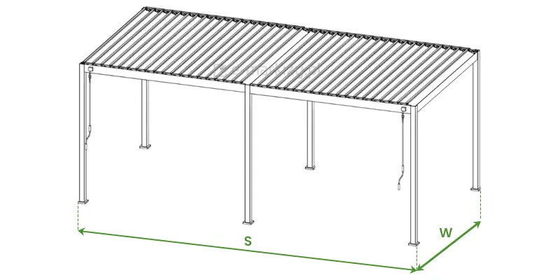 Pergola o szerokości 6m składa się z dwóch niezależnych dachów o wysięgu lameli 3m