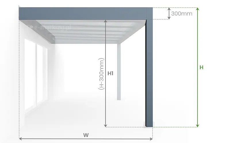 Rzut boczny zadaszenia Spekta Glass mocowanego do ściany z zaznaczoną wysokością całkowitą H, wymiarem profilu górnego o wysokości 300mm i sposobem obliczania wysokości w świetle H1