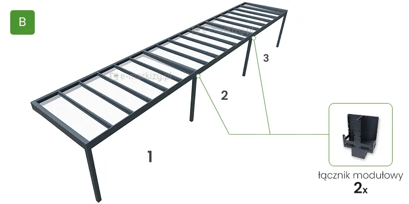 Sposób łączenia trzech niezależnych konstrukcji Spekta Glass w jedno duże przyścienne zadaszenie szklane za pomocą dwóch łączników modułowych
