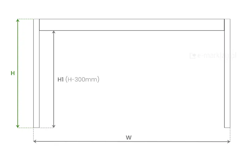 Rysunek z rzutem bocznym konstrukcji zadaszenia Spekta Glass i wskazaną wysokością całkowitą H oraz wysokością w świetle mniejszą o 300mm