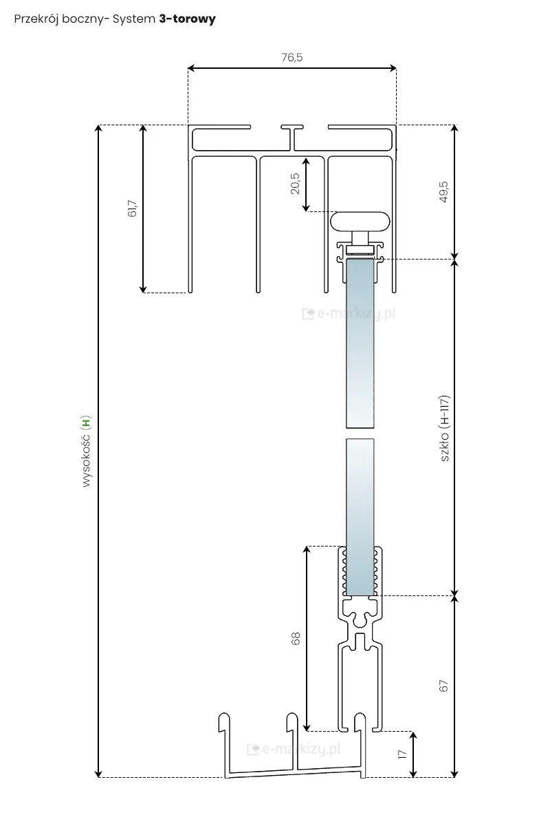 Szczegółowe pomiary systemu drzwi przesuwnych Miros naniesione na przekrój boczny z panelem szklanym umieszczonym na prowadnicach 3-torowych