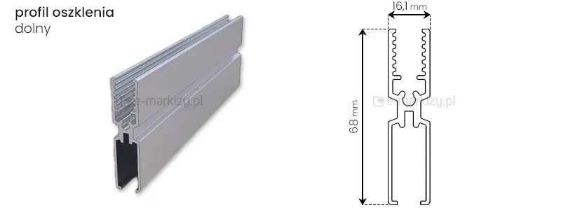 Profil dolny oszklenia panelu przesuwnego Miros o wymiarach całkowitych 16,1x68mm