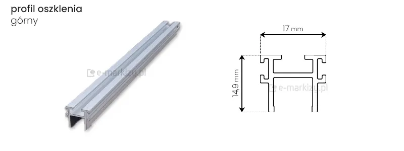 Profil górny oszklenia panelu przesuwnego Miros o wymiarach całkowitych 17x14,9mm