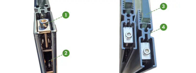 Przekroje prowadnicy dolnej (4) szyb przesuwnych Miros ukazują panel szklany (3) oraz rolki prowadzące (2) regulowane śrubą (1)