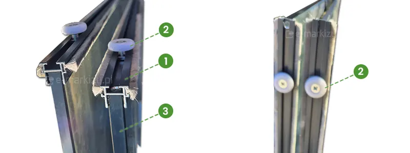 Przekroje prowadnicy górnej szyb przesuwnych Miros ukazują panel szklany (3) wsunięty w profil górny (1) na którym osadzone są rolki prowadzące (2)