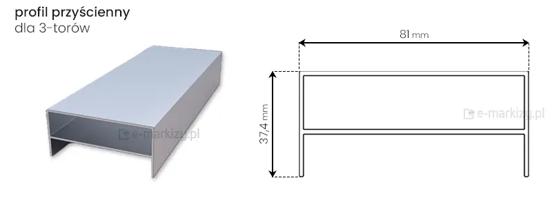 Boczny profil przyścienny dla systemu drzwi przesuwnych Miros z trzema panelami na trzech torach o wymiarach całkowitych 81x37,4mm