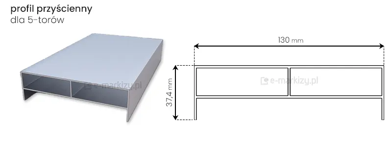 Boczny profil przyścienny dla systemu drzwi przesuwnych Miros z pięcioma panelami na pięciu torach o wymiarach całkowitych 130x37,4mm