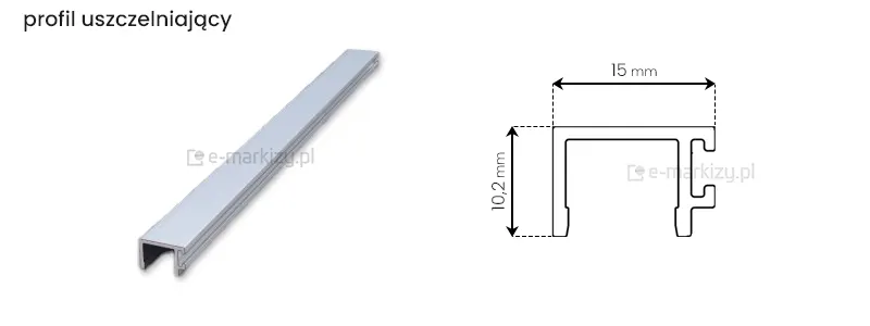 Profil uszczelniający do przesuwnego panelu szklanego Miros o wymiarach całkowitych 15x10,2mm