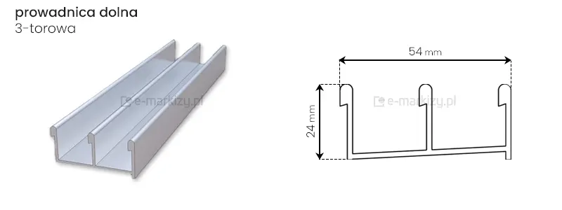 Prowadnica dolna systemu szyb przesuwnych Miros z trzema torami o wymiarach całkowitych 54x24mm
