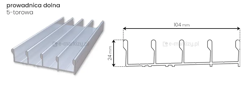 Prowadnica dolna systemu szyb przesuwnych Miros z pięcioma torami o wymiarach całkowitych 104x24mm