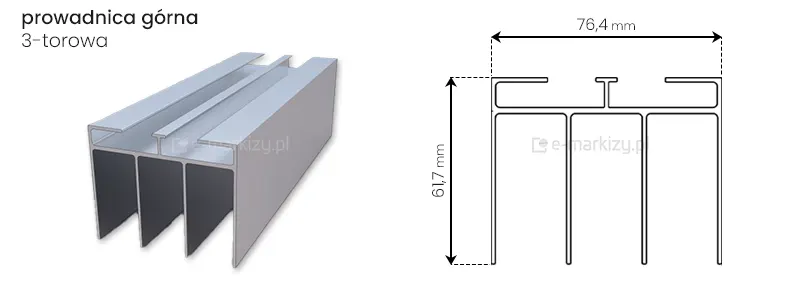 Prowadnica górna systemu szyb przesuwnych Miros z trzema torami o wymiarach całkowitych 76,4x61,7mm