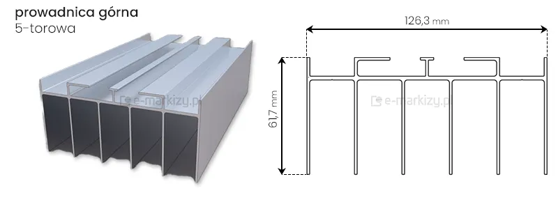 Prowadnica górna systemu szyb przesuwnych Miros z pięcioma torami o wymiarach całkowitych 126,3x61,7mm