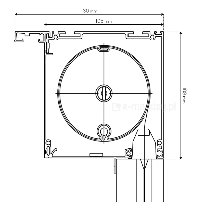 Przekrój boczny kasety rolety screen Zip-L firmy Mol o wymiarach 130x108mm