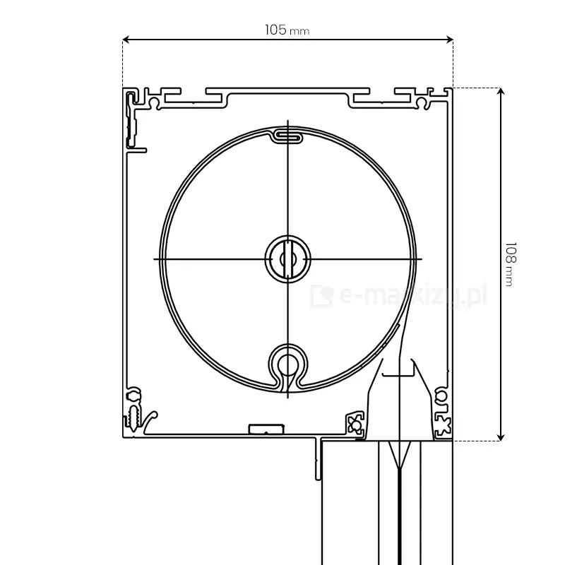 Przekrój boczny kasety rolety screen Zip-U firmy Mol o wymiarach 105x108mm