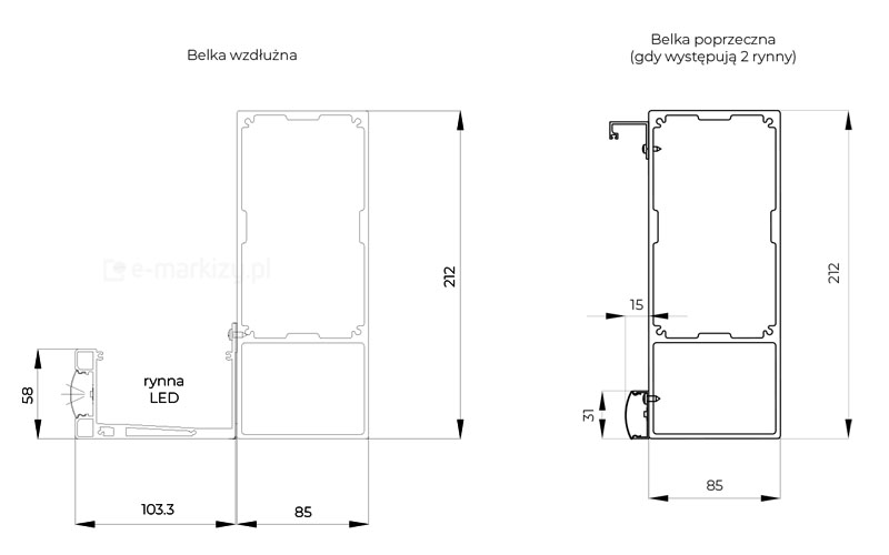 Belka wzdłużna z rynną led i belka poprzeczna z listwą led