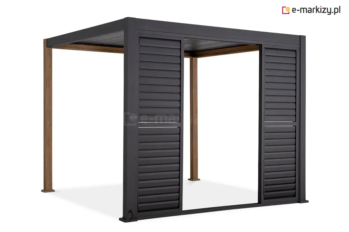 Aluminiowe drzwi typu shutters do pergoli Gloria. Zintegrowany mechanizm przesuwu oraz regulowane żaluzje zapewniają kontrolę nad zacienieniem i wentylacją przestrzeni ogrodowej.