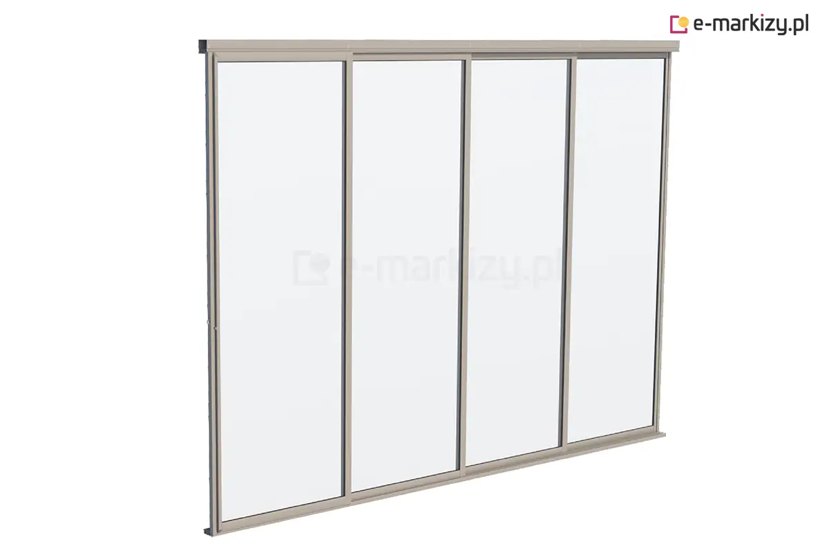 Przesuwna ściana tarasowa Sotro z czterema szklanymi panelami w aluminiowej ramie w kolorze szarym – osłona przeciwwiatrowa i zabudowa przestrzeni ogrodowej lub balkonowej.