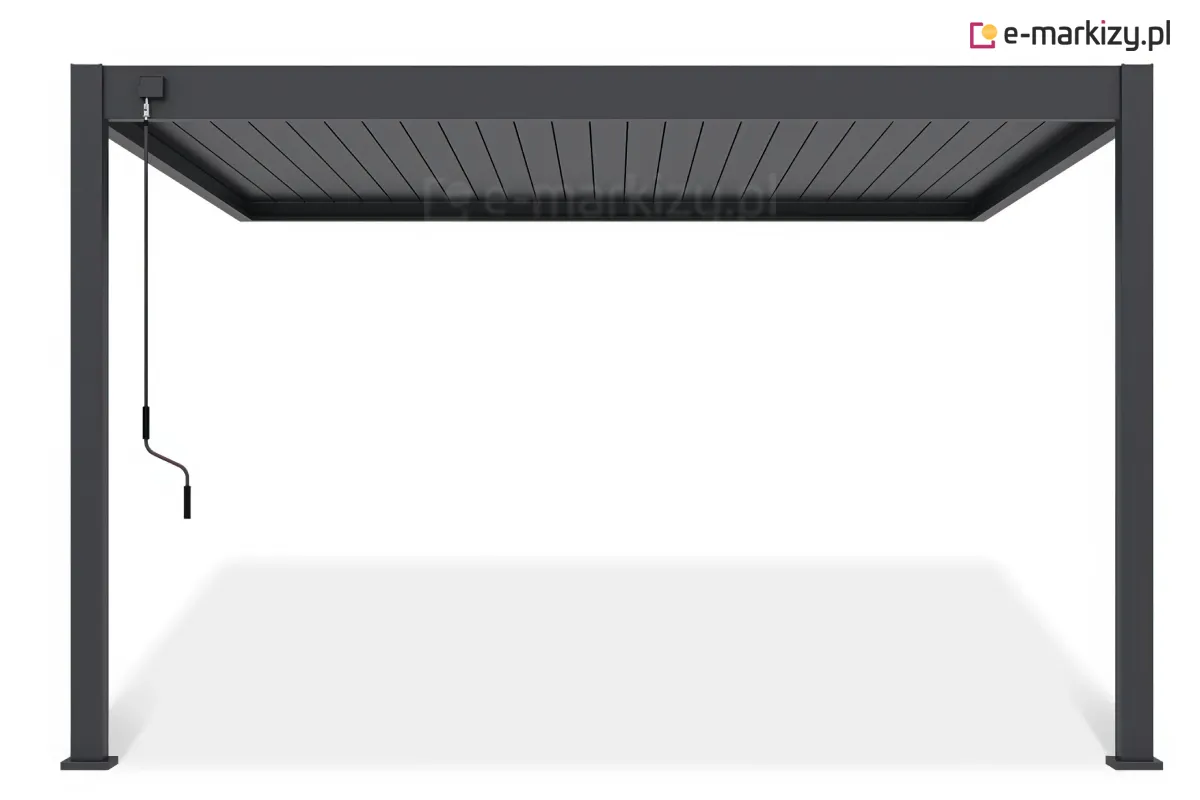 Pergola lamelowa Rubio Soft prezentowana od frontu, z widoczną korbą do ręcznej regulacji lameli oraz solidnymi aluminiowymi podporami w antracytowym kolorze.