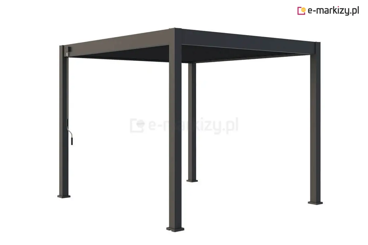 Nowoczesna, wolnostojąca pergola tarasowa Marlo w kolorze antracytowym z ręcznym mechanizmem sterowania lamelami dachowymi. Solidna aluminiowa konstrukcja idealna do ogrodu lub na taras.