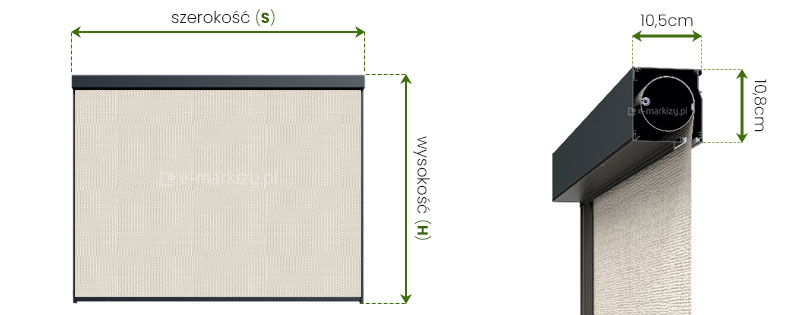 Pomiar szerokości całkowitej S i wysokości całkowitej H w rolecie screen Zip-78
