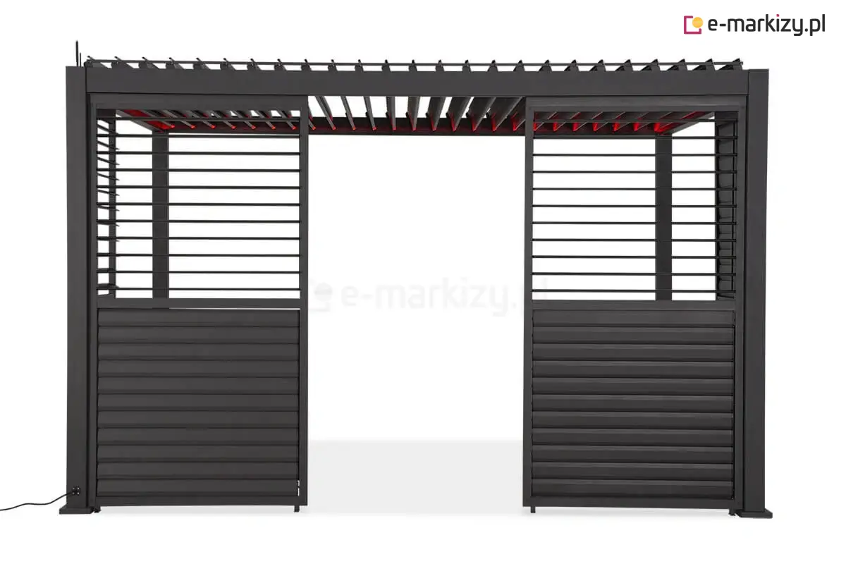 Regulowane aluminiowe osłony do pergoli Gloria z ruchomymi lamelami. Pojedynczy panel umożliwia precyzyjne ustawienie kąta nachylenia dla komfortu i prywatności.