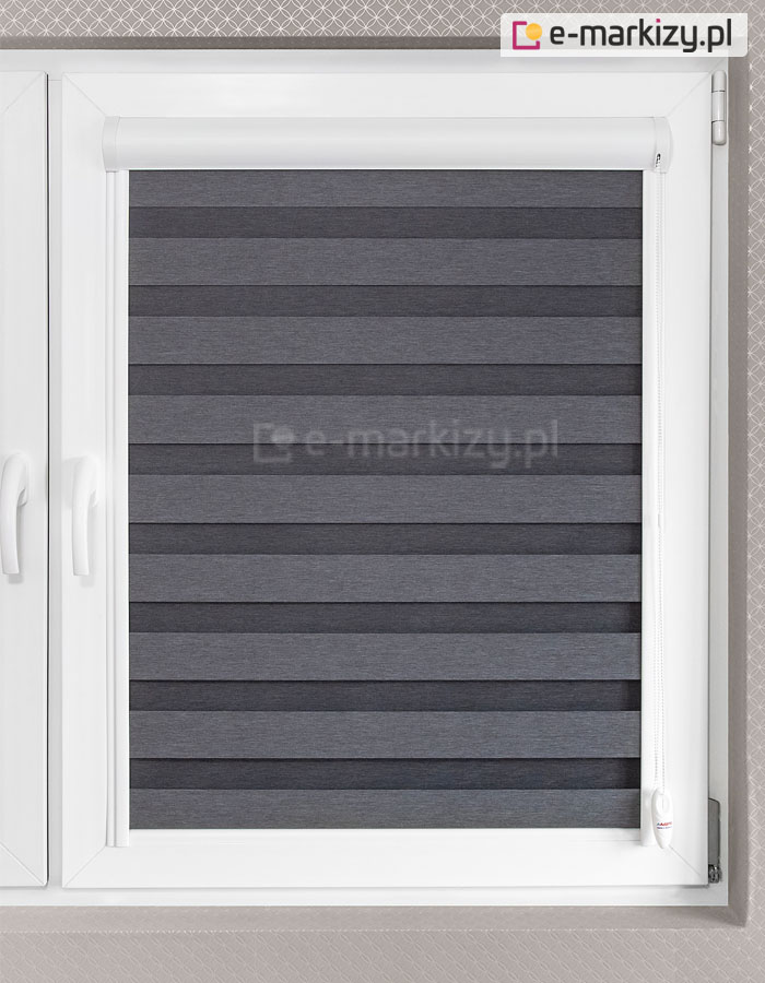 Nowoczesna roleta w aluminiowej smukłej kasecie lux dzień noc z opuszczona tkanina w prowadnicach w pełni zaciemniająca pomieszczenie