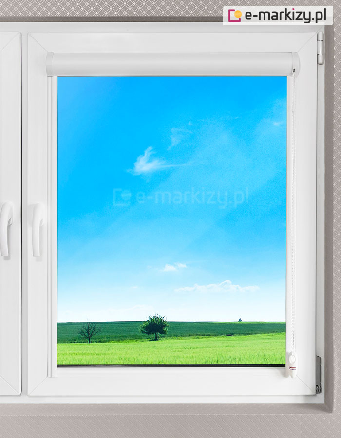 Roleta okienna dzień noc w kasecie z zwinięta tkaniną całkowicie odsłaniająca widok na zewnątrz