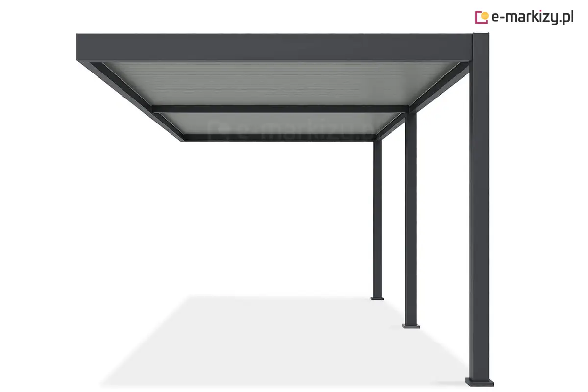 Rzut boczny konstrukcji aluminiowej pergoli Marlo mocowanej do elewacji – solidne trzy słupy i nowoczesne wykończenie.
