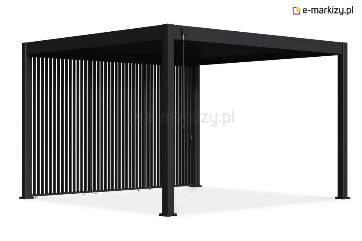 Boczna ściana z pionowych żaluzji stałych do pergoli Marlo – funkcjonalne rozwiązanie dla większej prywatności i cienia.