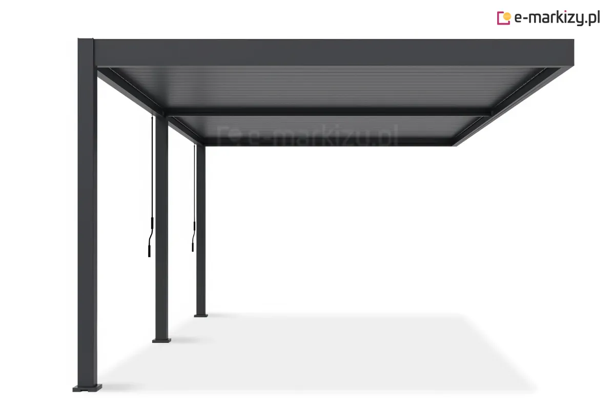 Montowana do elewacji pergola Rubio Soft o zwiększonej szerokości, wyposażona w obracane lamele regulowane osobnymi korbami i wsparta na trzech masywnych nogach.