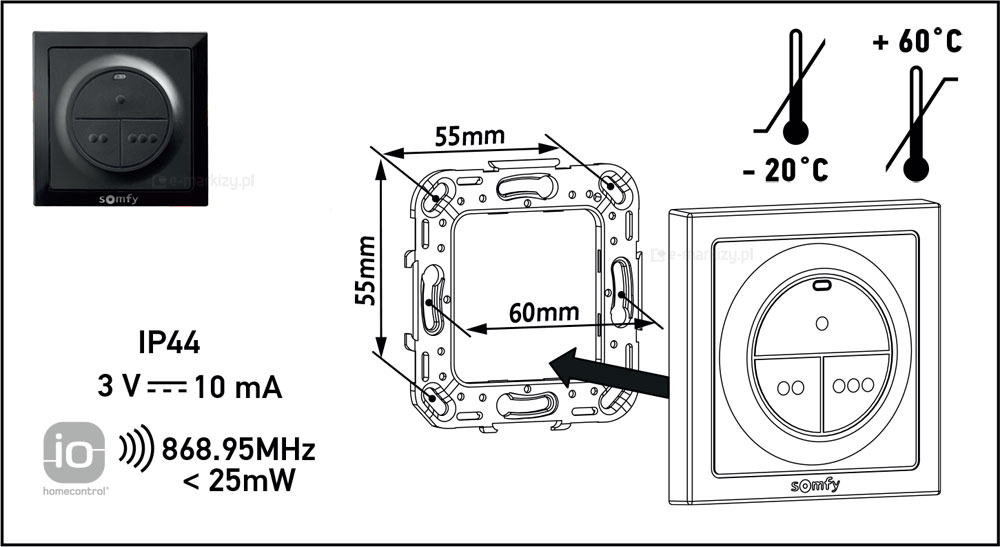 Somfy nadajnik 3ch rysunek techniczny, nadajnik somfy 1870560 dane-techniczne