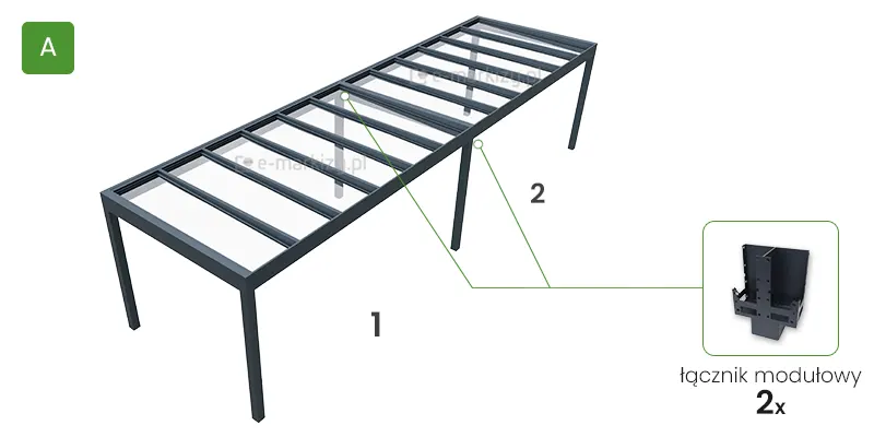 Połączenie podpór dwóch zadaszeń Spekta Glass w celu uzyskania dużego modułowego zadaszenia tarasu