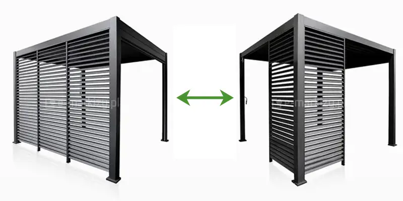 Pojedynczy aluminiowy panel z nieruchomymi lamelami do pergoli Gloria. Idealny do modułowej zabudowy jednego lub więcej boków pergoli w ogrodzie lub na tarasie - Przykładowe zastosowanie w narożnikach lub jako zabudowa całego boku.