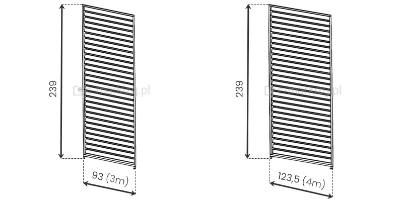 Pojedynczy panel żaluzjowy do pergoli Gloria dostępny w dwóch rozmiarach: 93 cm i 123,5 cm stosowane w zależności od wielkości boku do zabudowy. Malowany proszkowo, odporny na warunki atmosferyczne, gotowy do montażu.