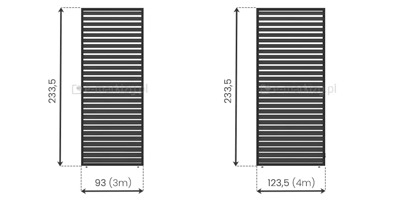 Pojedynczy panel żaluzjowy do pergoli Marlo dostępny w dwóch rozmiarach: 93 cm i 123,5 cm stosowane w zależności od wielkości boku do zabudowy. Malowany proszkowo, odporny na warunki atmosferyczne, gotowy do montażu.