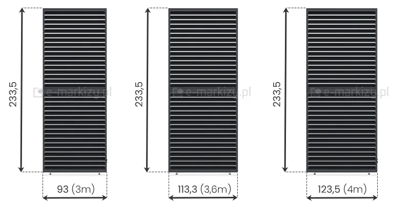 Panel regulowany do pergoli Rubio Soft dostępny w trzech wymiarach: 93 cm, 113,3 cm i 123,5 cm. Przeznaczony do samodzielnego montażu, wykonany z odpornego aluminium.