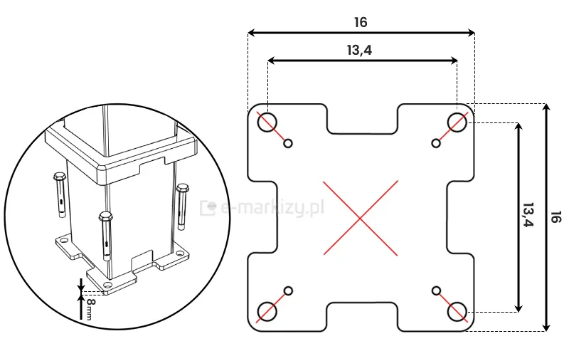 Wymiary stopy montażowej podpory ściennej Rubio Soft