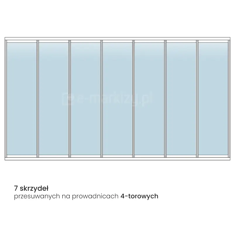 System do szklanych drzwi przesuwnych Sotro składających się z 7 paneli w konstrukcji ramowej