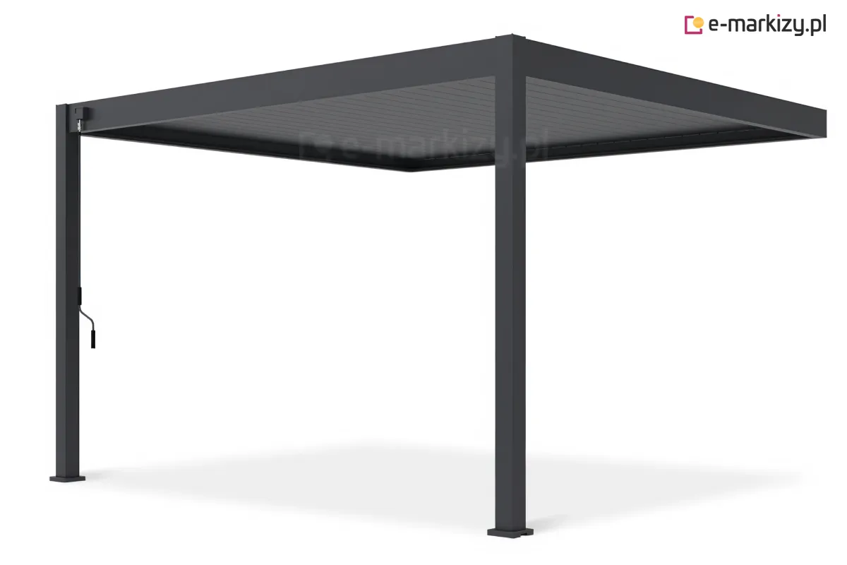 Pergola Rubio Soft z aluminiową konstrukcją w odcieniu antracytu, z otwieranym dachem lamelowym ustawionym w pozycji zamkniętej, wsparta na dwóch przednich słupach. Zdjęcie przedstawia całą bryłę pergoli na jasnym tle.