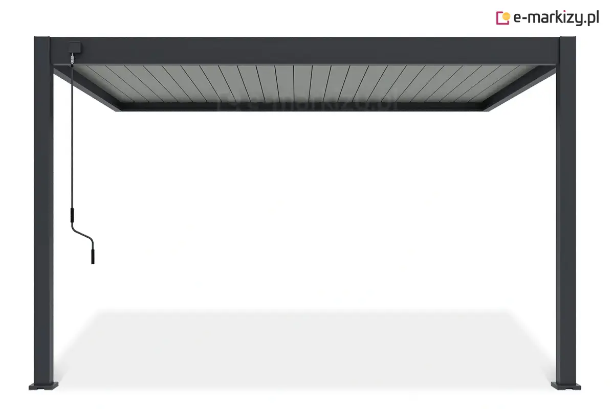 Pergola przyścienna Marlo w kolorze szarym, z wbudowanym systemem obracanych paneli dachowych sterowanych korbą i aluminiową konstrukcją odporną na wiatr do 100 km/h.