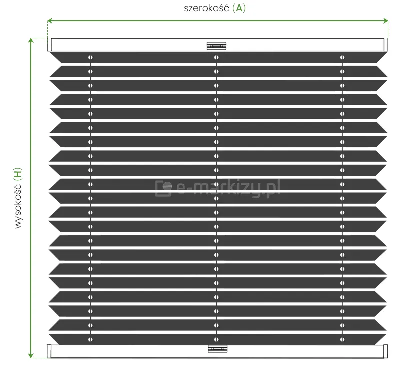Szczegóły pomiaru żaluzji plisowanej: Szerokość A całkowity wymiar profili i Wysokość H