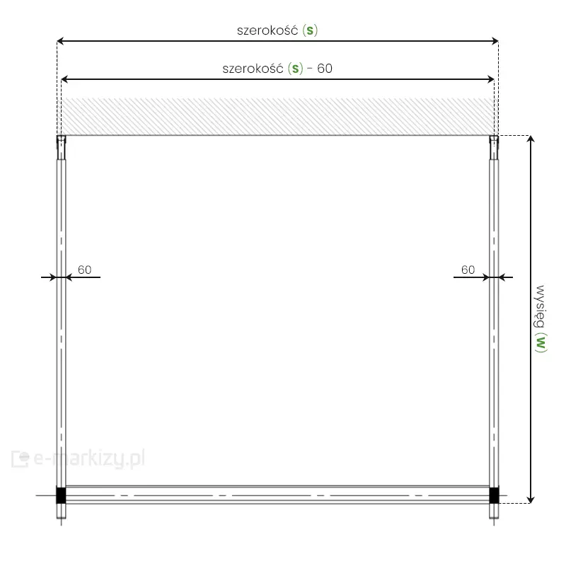 Najważniejsze wymiary pergoli Aura oznaczone na przekroju górnym konstrukcji