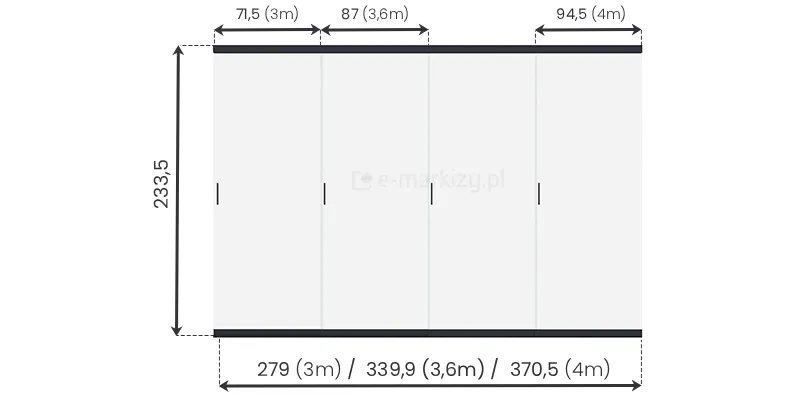 System przesuwnej ściany z paneli szklanych do pergoli Rubio Soft dostępny w trzech rozmiarach: 279 cm, 339,9 cm i 370,5 cm stosowane w zależności od wielkości boku do zabudowy - szerokość pojedynczego panelu ze szkła to 71,5 cm, 87 cm lub 94,5 cm