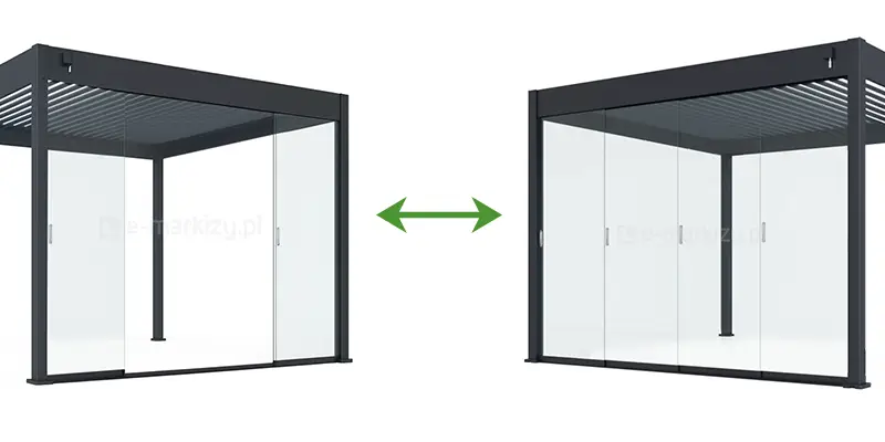 System przesuwnych drzwi szklanych do pergoli Marlo – z lewej strony widoczna otwarta konstrukcja z przesuwnymi taflami szkła, po prawej zamknięta ściana całoszklana z bezramowymi panelami. Idealne rozwiązanie do zabudowy bocznej tarasu z zachowaniem widoczności i ochrony przed wiatrem.