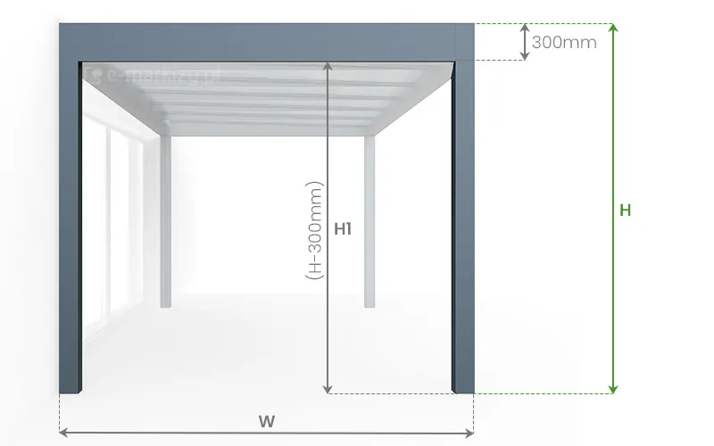 Szklane zadaszenie Spekta Glass posiada aluminiowy profil górny o wymiarze 300mm, który należy odjąć od wysokości całkowitej H konstrukcji, aby otrzymać wymiar w prześwicie pergoli