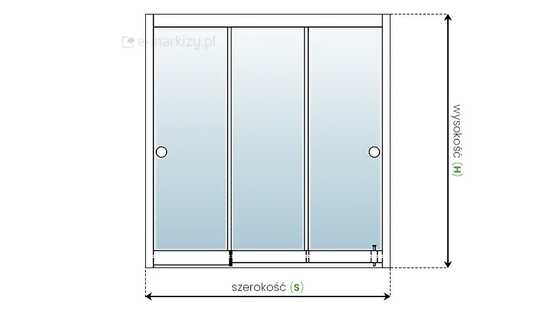 Zwymiarowane szerokość całkowita S i wysokość całkowita H szklanej ściany przesuwnej bez ram Miros