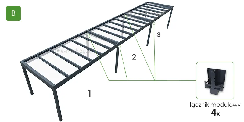 Łączenie modułowe trzech zadaszeń szklanych Spekta Glass za pomocą czterech łączników modułowych