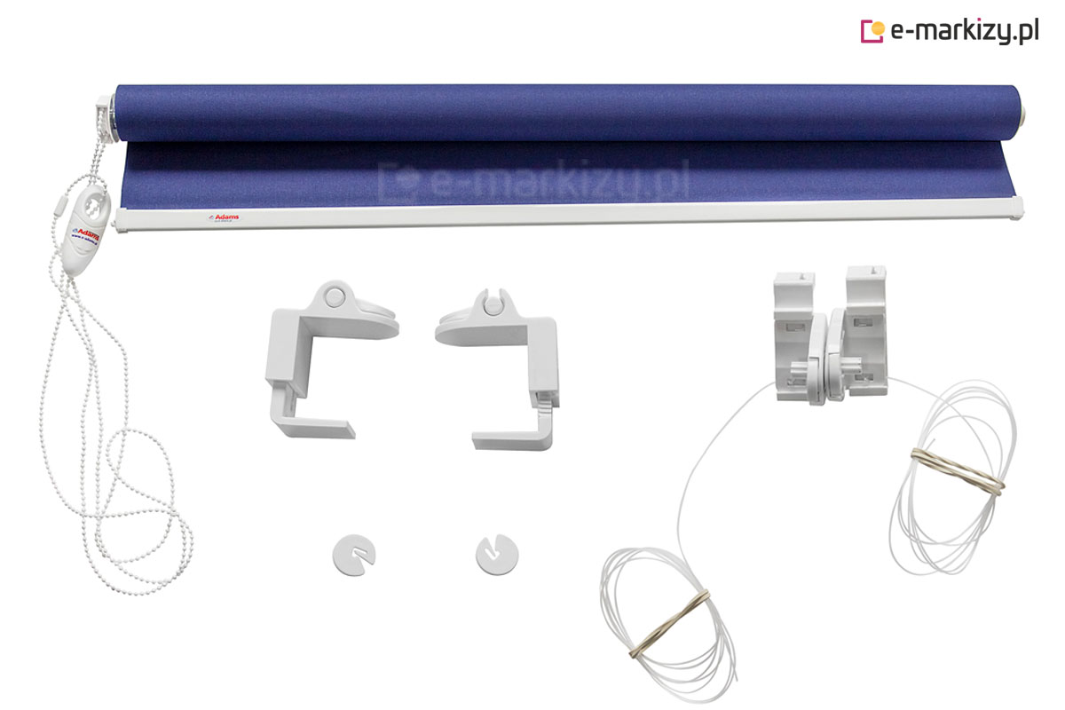 Zestaw rolety mini zawierający sama roletę materiałowa oraz wszystkie komponenty montażowe