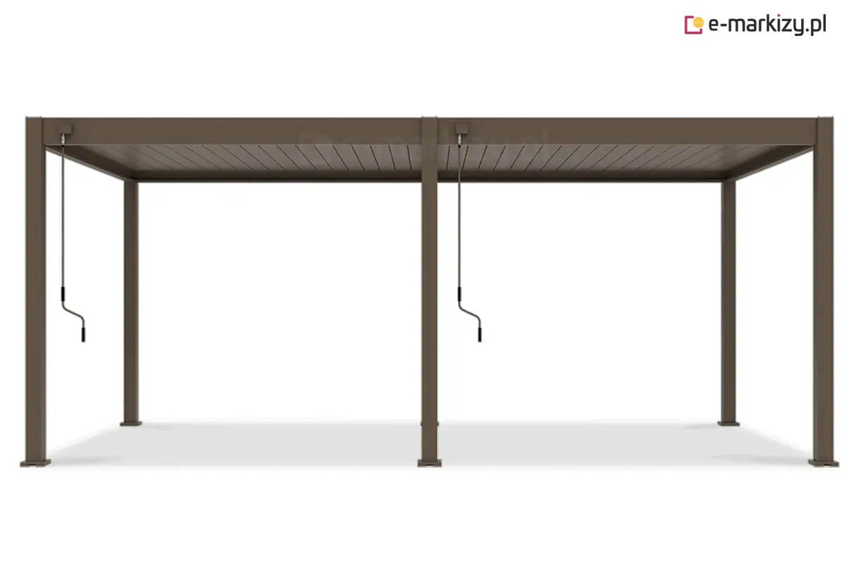Duża pergola wolnostojąca Marlo w kolorze taupe, wyposażona w obustronne mechanizmy do ręcznego sterowania lamelami dachowymi.